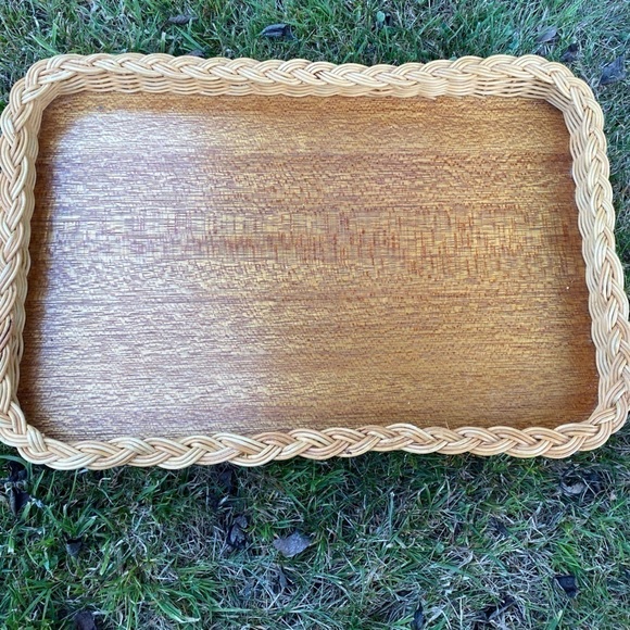 WICKER rattan wood serving tray boho style vintage - Picture 2 of 7